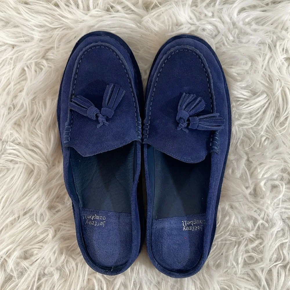 JEFFREY CAMPBELL Tassel Leather Slip On Loafer Mule Dark Blue Suede Size 8.5 - Picture 7 of 14